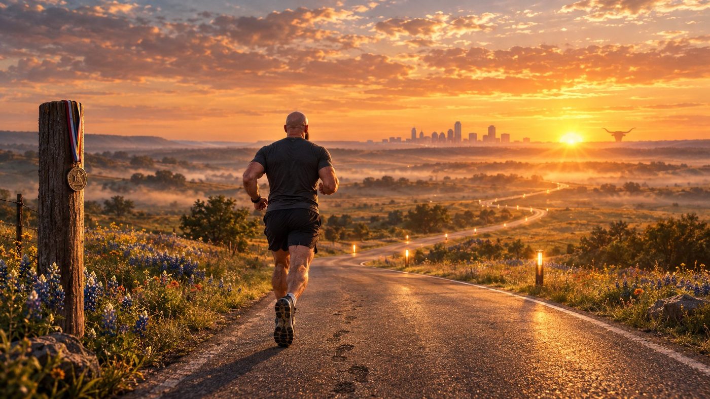 A runner seen from behind on a winding road at sunrise, a finisher's medal on a fence post beside him, with a distant city skyline and longhorn silhouette on the horizon.